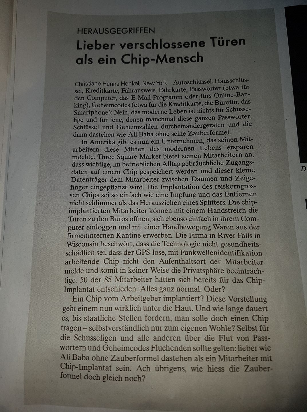 NZZ-Artikel (31.07.2017): Lieber verschlossene Türen als ein Chip-Mensch
